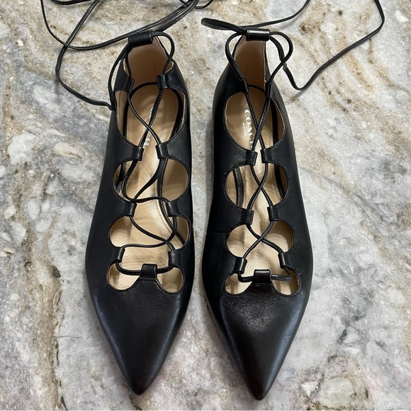 Coach Justine Black Leather Pointy Toe Ballet Flats Women’s 7.5 Strappy Lace Up - Picture 1 of 9